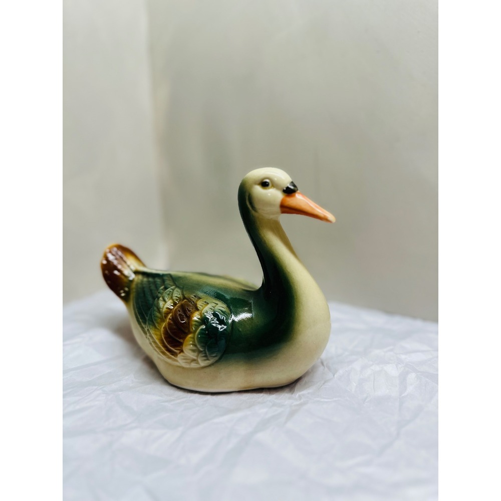 Vintage Ceramic Duck Figurine Hand Painted Green White Glazed Bird Decor